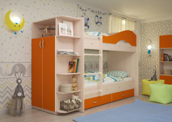 Кровать Мая двухъярусная с ящиками и шкафом Млечный дуб/Оранжевый в Скале - skala.mebel54.com | фото