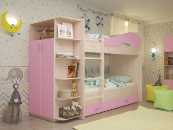Кровать Мая двухъярусная с ящиками и шкафом Млечный дуб/Розовый в Скале - skala.mebel54.com | фото