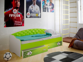 Кровать Софа-8 с мягкой спинкой фотопечать Футбол (900х2000) Белый/Лайм в Скале - skala.mebel54.com | фото